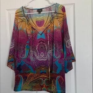 Nicole by Nicole Miller Pink and Blue Bell Sleeve Graphic Blouse